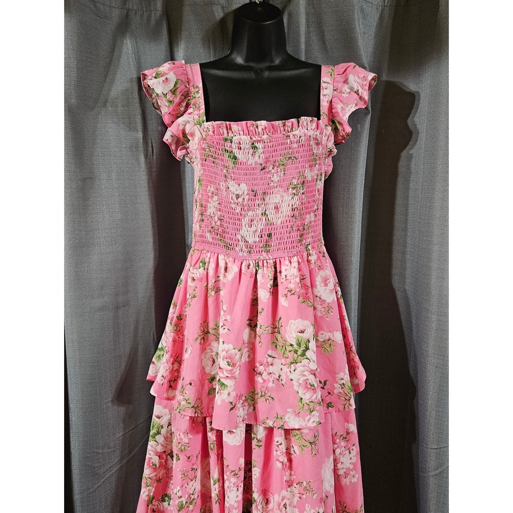 By The River Pink Floral Tiered Maxi Dress Smocked Ruffle Sleeve Size M Boho